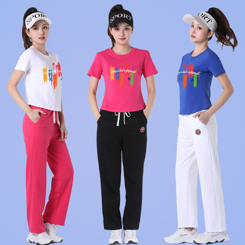 New trendy square dance workout set: colorful striped printed short-sleeved top, fitness straight-leg pants, and shuffle dance performance costume.