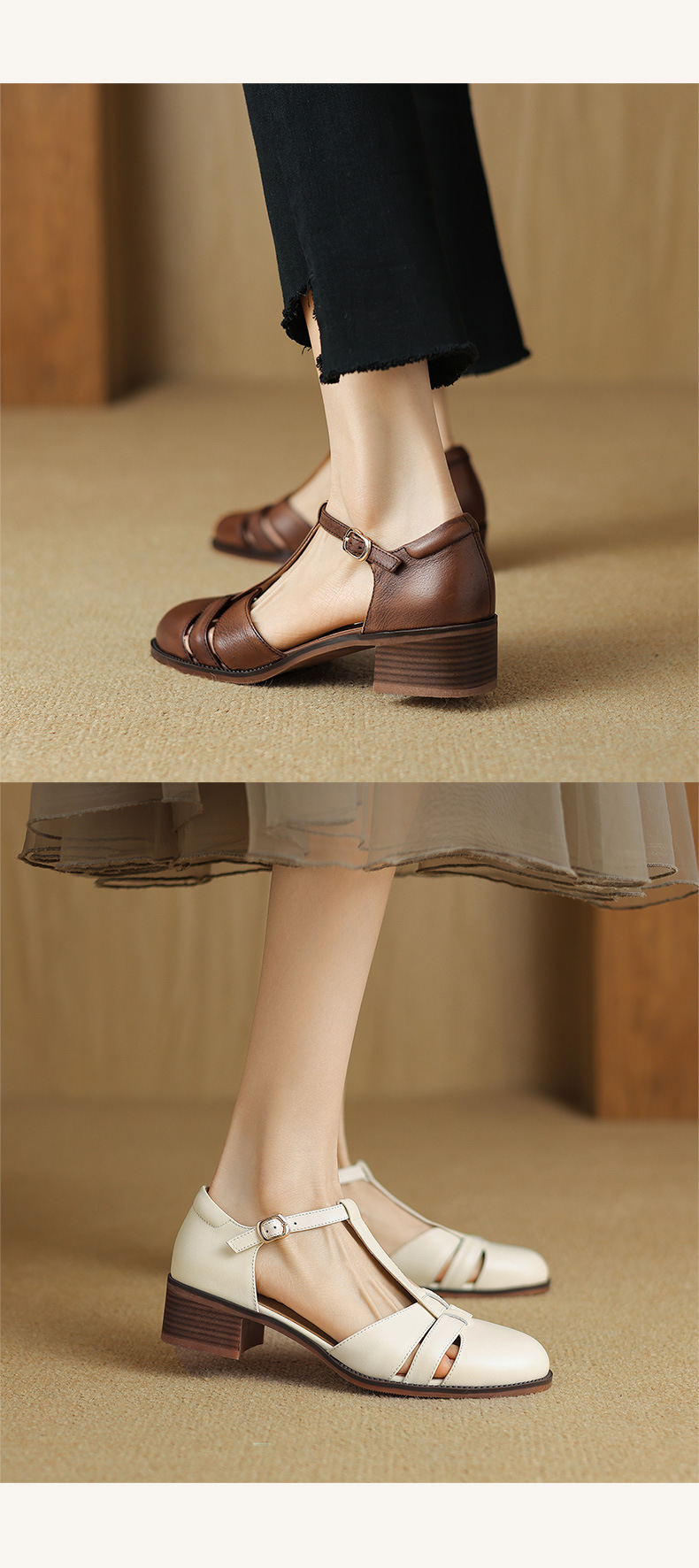Sandal nữ quai ngang gót vuông mũi tròn bít kiểu dệt vintage — màu nâu chi tiết 9