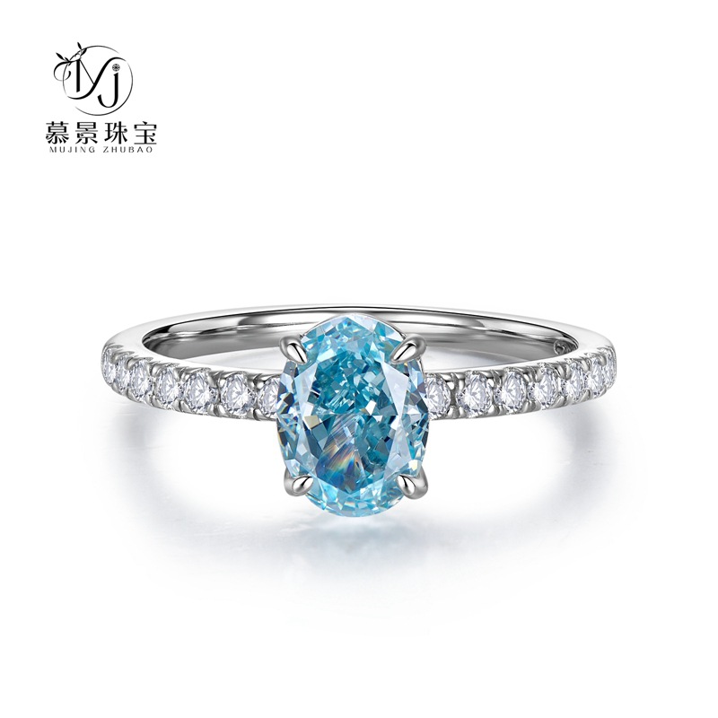 Mujing Jewelry 2023 new style 925 silver high carbon diamond sea blue zirconium 6*8 oval radiant ring for women Mingyuan style