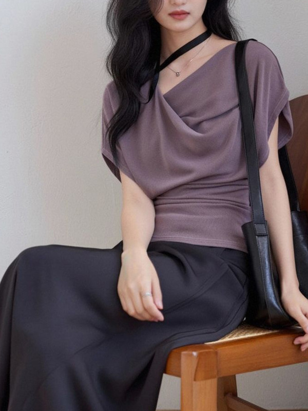 [Yingyue] スタッキング模造キュプラバット半袖Tシャツレディースデザインスイングカラーパープルトップ|undefined
