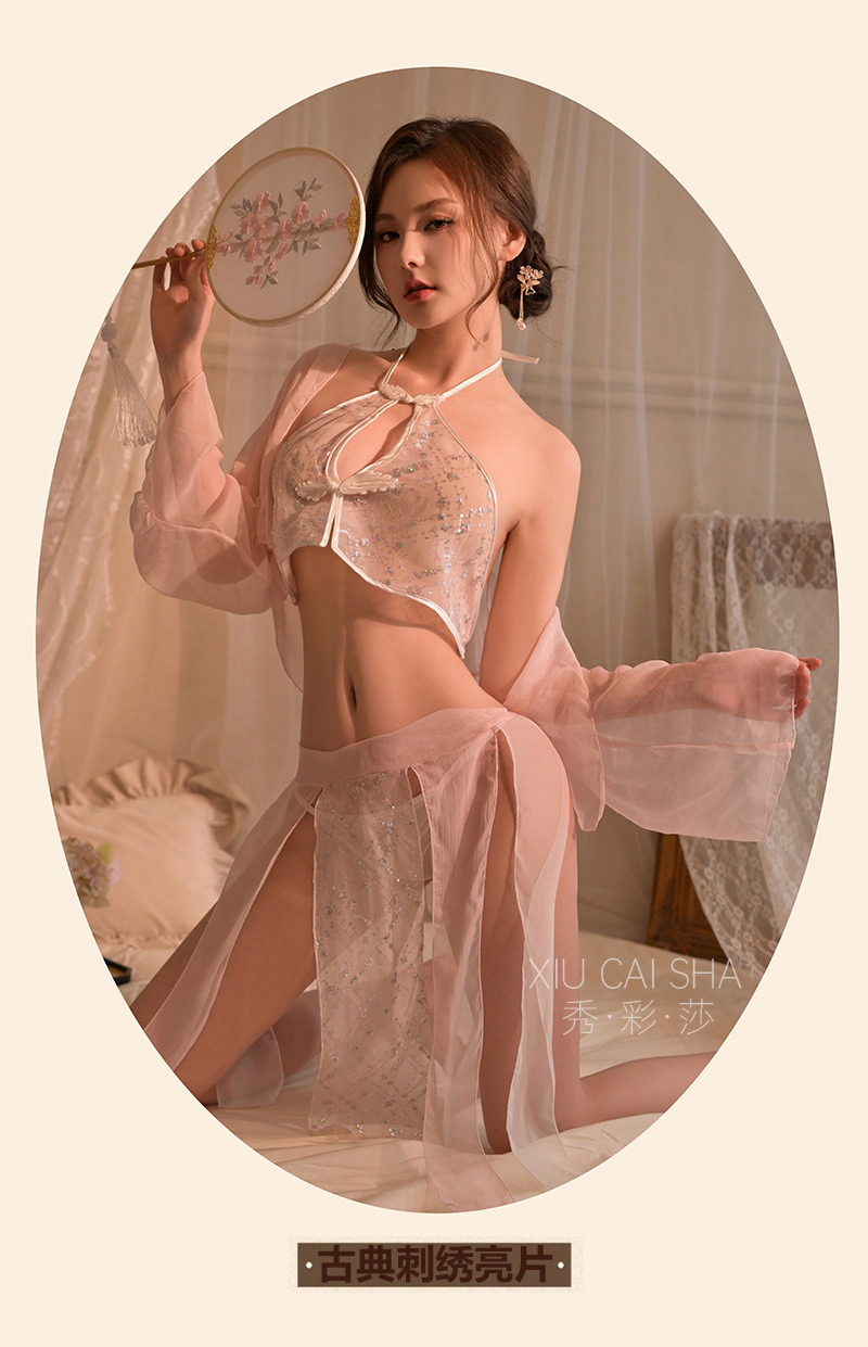 Retro Chinese Hanfu Costume Set with Sequined Bellyband, See-Through Top, Skirt and Thong — detail image 16
