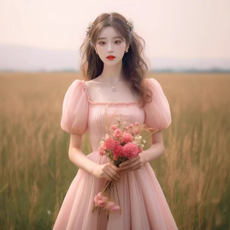 French Pink Puff Sleeve Dress Summer Dress for Women 2026 New Style Fugitive Princess Vintage Dress