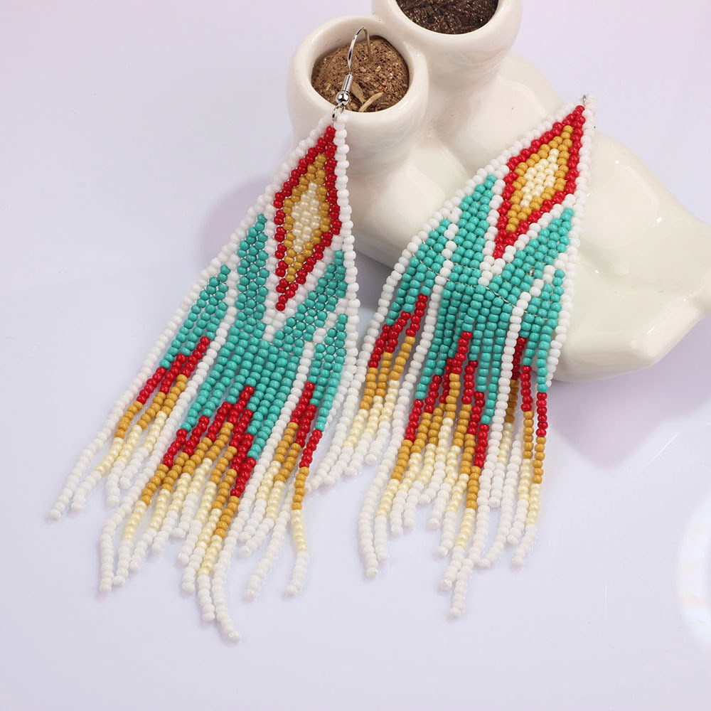 25g Weight 1 Pair Ethnic Style Geometric Tassel Beaded Drop Earrings