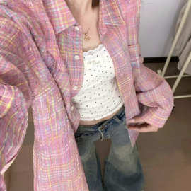彩色格纹防晒长袖衬衫女式夏季宽松休闲设计感泡泡纱格子衬衣外套