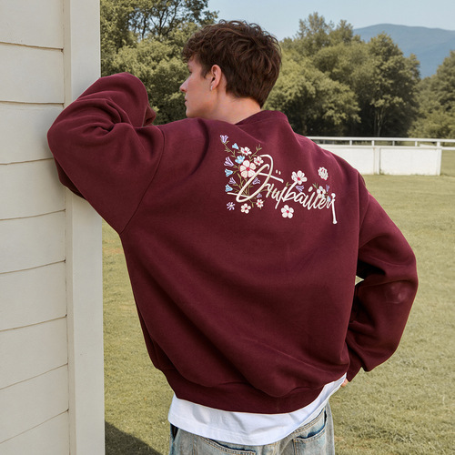 Heavyweight crew neck sweatshirt for men, autumn heavy industry texture color-blocked embroidery turtleneck fashion brand loose top outerwear