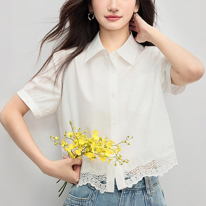 Lace Stitching White Shirt Women's 2025 Summer New Design Sense Short Sleeve Shirt Short Top Lace Stitching White Shirt Women's 2025 Summer New Design Sense Short Sleeve Shirt Short Top