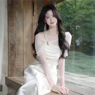 深圳南油法式连衣裙女名媛扭结披肩生日裙子订婚礼服裙缎面长裙
