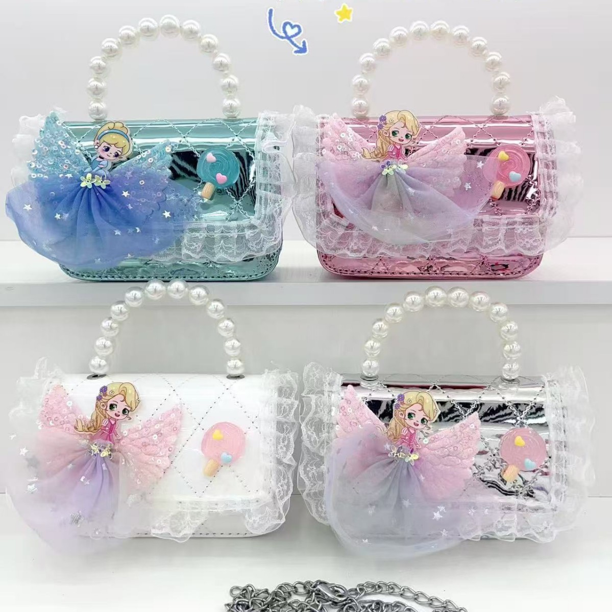 Bolso de moda para niños, bolso de cinturón de cadena de chicas, bolso de hombro de dibujos animados lindo, bolso de perla brillante, bolso pequeño