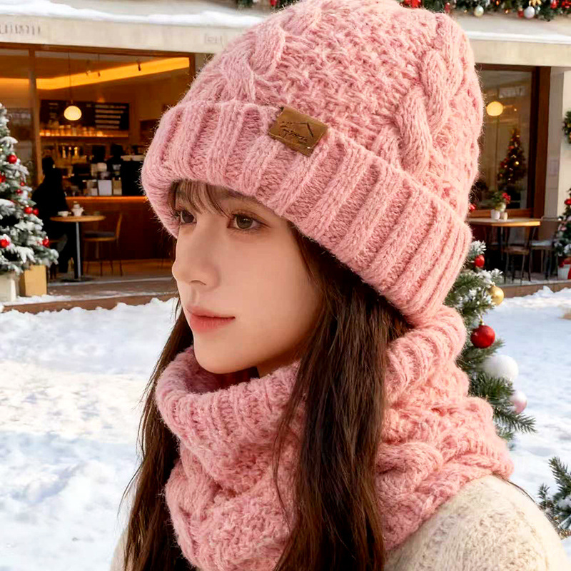 Women's Hat and Scarf Set, Ladies' Cold-Proof and Warm Knitted Hat with Ear Protection, Pullover Wool Hat, Cross-Border Hot-Selling Item
