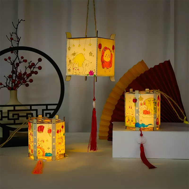 中秋节古风手绘纸灯笼DIY儿童手工制作材料包发光黄杨木手提灯笼