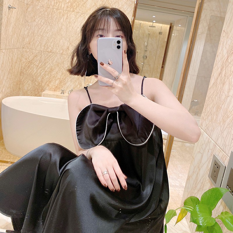 法式性感吊带睡裙女蝴蝶结公主风甜美短裙冰丝睡衣女式夏季连衣裙