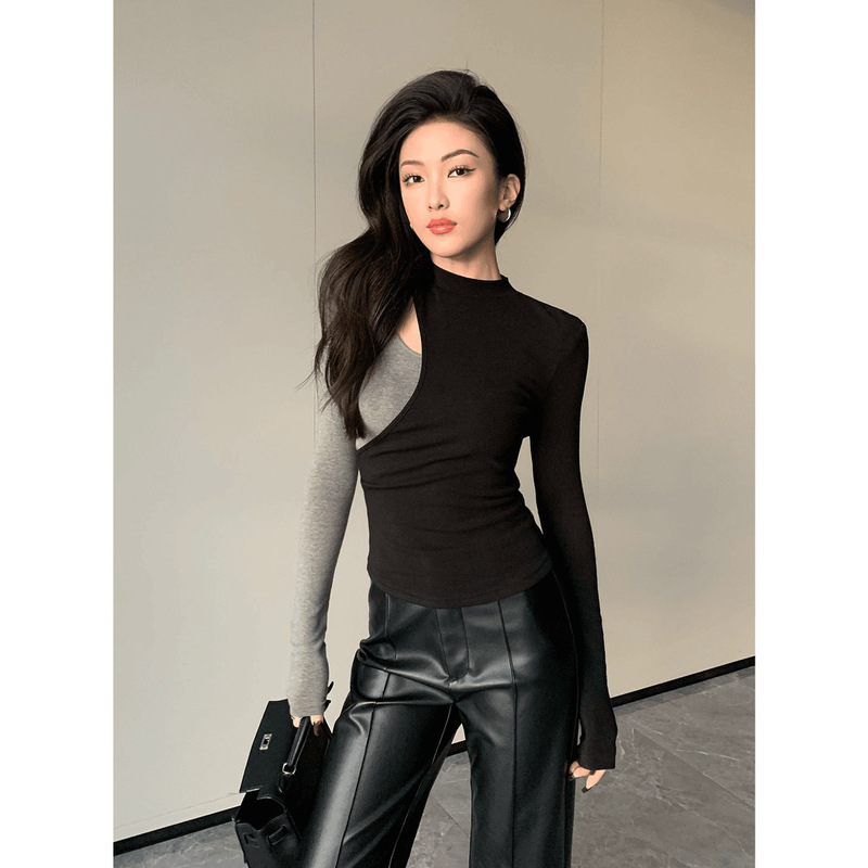 纯欲风辣妹拼色圆领长袖针织衫女秋季新款修身显瘦高级感气质上衣|undefined