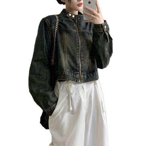 法式复古做旧立领牛仔外套女2025秋季新款小个子拉链短款工装夹克|undefined