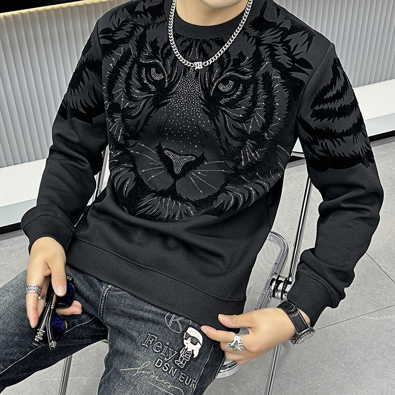 European Fashion Brand High end Hot Diamond Tiger Head Sweater Round Neck Bottom 2023 New Autumn Men's_voghion.com