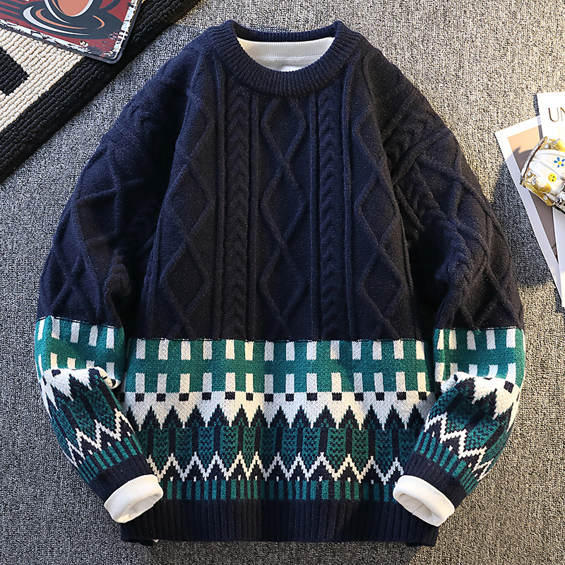 Herren-Langarm-Strickpullover, lässig, locker geschnitten, Rundhalsausschnitt, Polyester-Kaninchenwollmischung, Herbst-Winter-Mode mit Emblem-Design_voghion.com