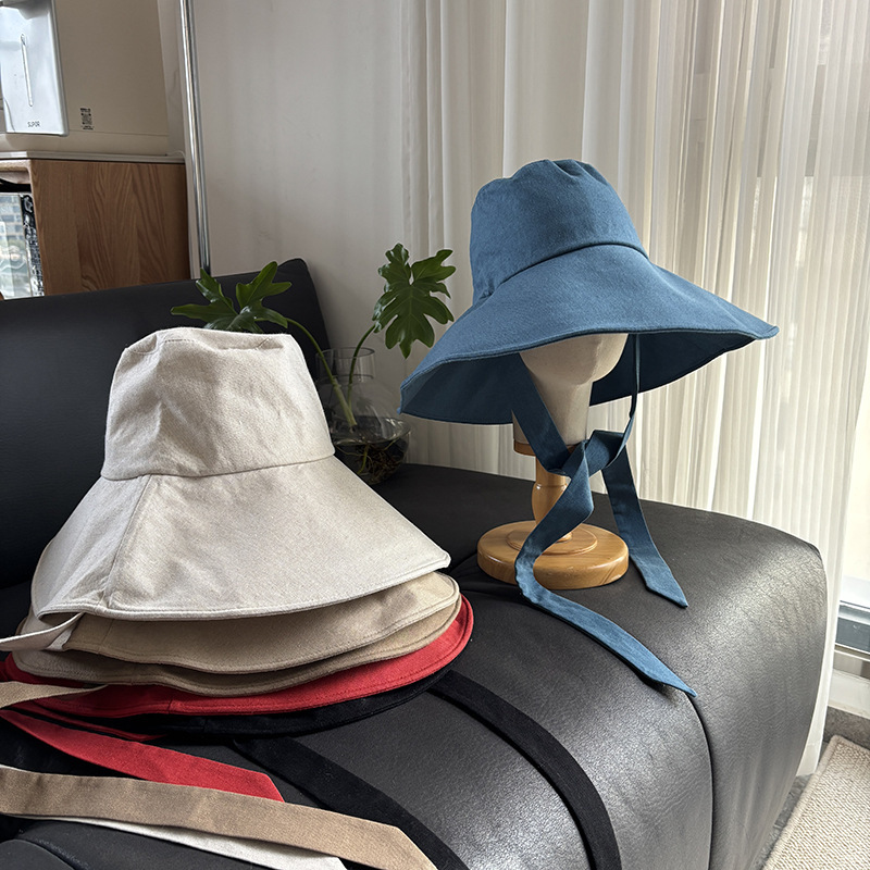 Linen Blend Wide-Brimmed Fisherman's Hat for Summer Outings, with a Tie, Solid Color, Stylish and Versatile Sun Hat