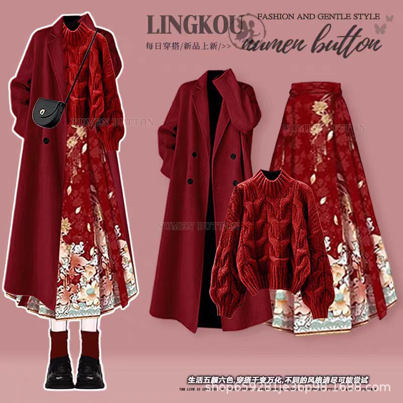 Plus-Size Winter Christmas Outfit for Women: Red Coat, Knitted Sweater, and New Chinese-Style Mamian Skirt Three-Piece Set Plus-Size Winter Christmas Outfit for Women: Red Coat, Knitted Sweater, and New Chinese-Style Mamian Skirt Three-Piece Set
