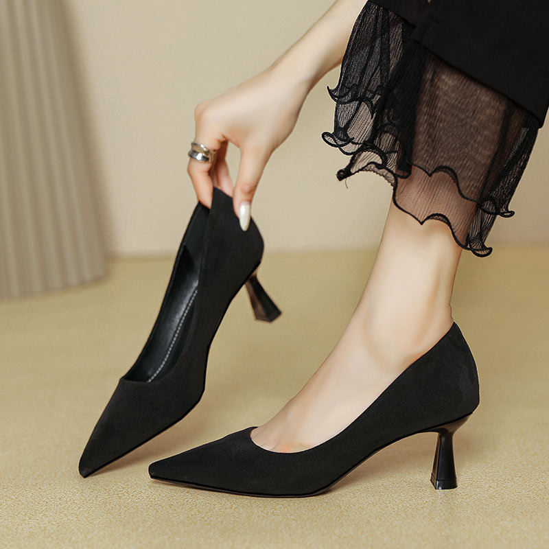 Black High Heels Women's Stiletto Formal Elegant Professional Women's Shoes 2025 New Spring & Fall Mid-Heel Shallow Mouth Pointed Toe Shoes