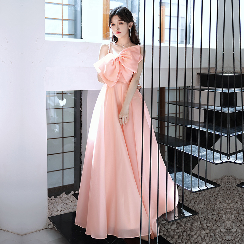Đầm maxi nữ thắt eo dáng công chúa không dây, phong cách dạ hội thanh lịch — Màu hồng