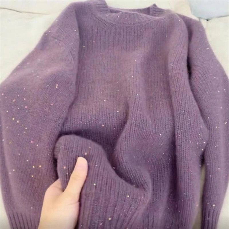 树莓色星空圆领毛衣女秋冬款软糯宽松设计感加厚内搭亮片针织上衣|undefined