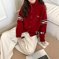 条纹洋气撞色刺绣小狗宽松毛衣女外套针织衫2025新款长袖开衫上衣