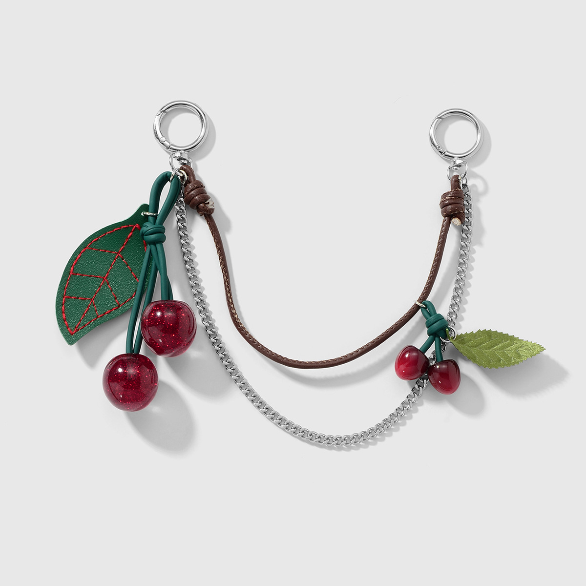 Nuevo y2k exquisito dulce y fresco moda cadena multicolor resina diamantes de imitación destello fino cuero cereza hoja DIY colgante de bolsa