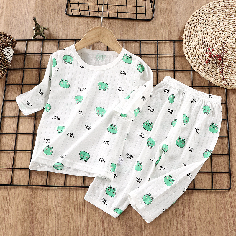 Conjunto de pijama para uso doméstico, ropa de algodón puro para aire acondicionado para niños y niñas, ropa de verano fina de manga corta para bebés y niños pequeños.