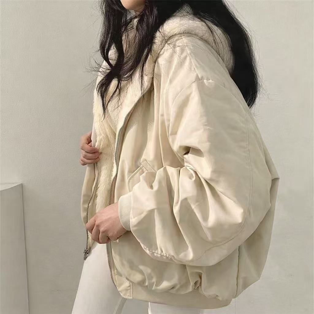 加绒加厚两面穿羊羔毛棉服女装外套秋冬新款拉链连帽棉衣上衣保暖