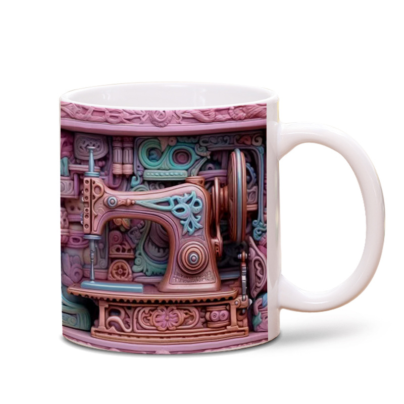 Impresión de taza de efecto de máquina de coser 3D, impresión de taza de cerámica transfronteriza, impresión de espacio LOGO, taza de cerámica blanca creativa