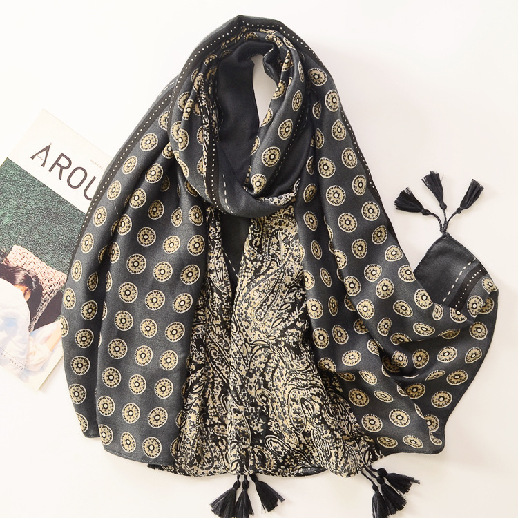 Estilo retro satén algodón anacardo color a juego algodón lino sensación bufanda larga borla moda Otoño e Invierno cálido chal decorativo para las mujeres