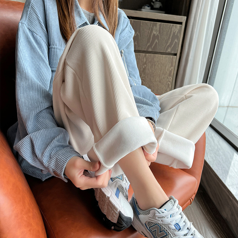 Autumn and Winter New Style Fleece-Lined Chenille Casual Pants, Thick Corduroy Wide-Leg Pants, High-Waisted Straight-Leg Long Pants, Ribbed Women's Pants