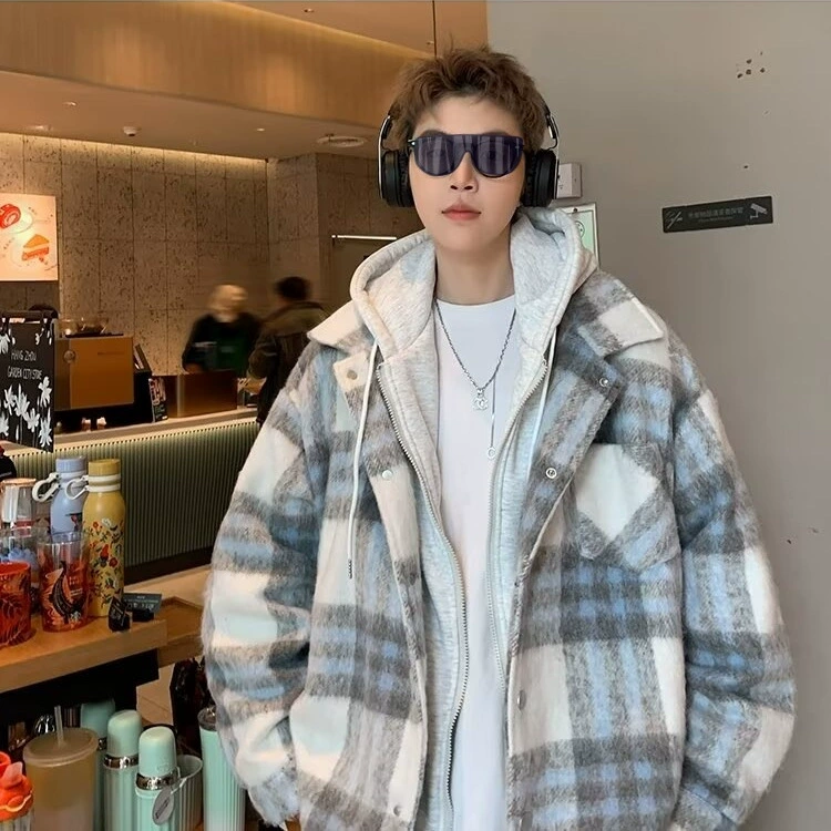 Поддельная клетчатая куртка с капюшоном из двух частей для мужчин осень и зима новая куртка американская ретро шерстяная толстая теплая хлопчатобумажная одежда