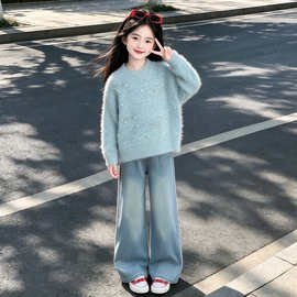 女童韩系圆领毛衣秋冬新款中大童珍珠蝴蝶结套头衫女孩针织衫上衣