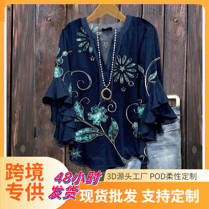 3D New Cross-Border Creative Floral Element Print Digital Print Casual Trendy V-Neck Ruffled Edge T-Shirt for Women