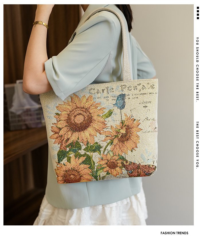 Double sided gold wire jacquard embroidered canvas student tutoring shoulder large capacity mommy bag, artistic style_voghion.com