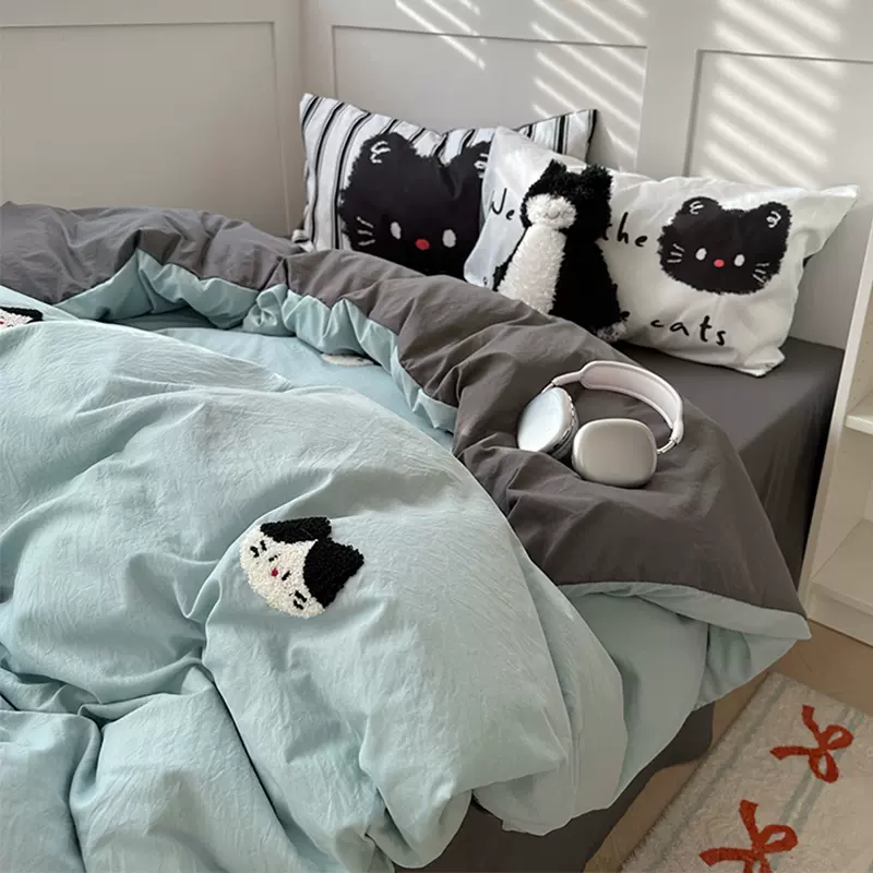 2025新款卡通可爱毛巾绣水洗棉软乎乎被套床单床上四件套三件套-C