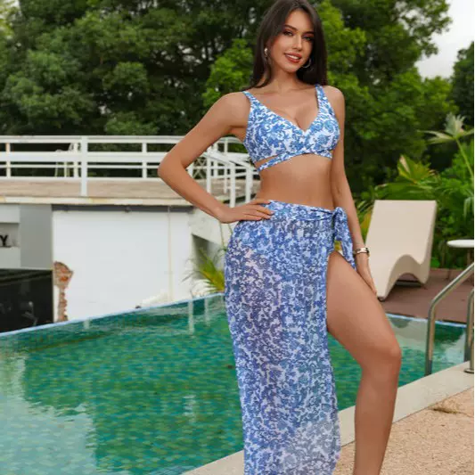 25年亚马逊跨境新款分体比基尼泳衣三件套显瘦温泉游泳衣女