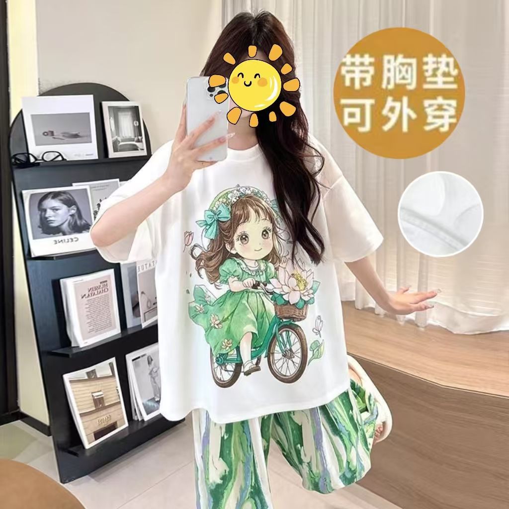 Estilo explosivo transfronterizo al por mayor pijamas con almohadillas para el pecho, pantalones de manga corta para mujer, pintura al óleo de verano, servicio a domicilio, traje de algodón de nube, uso externo