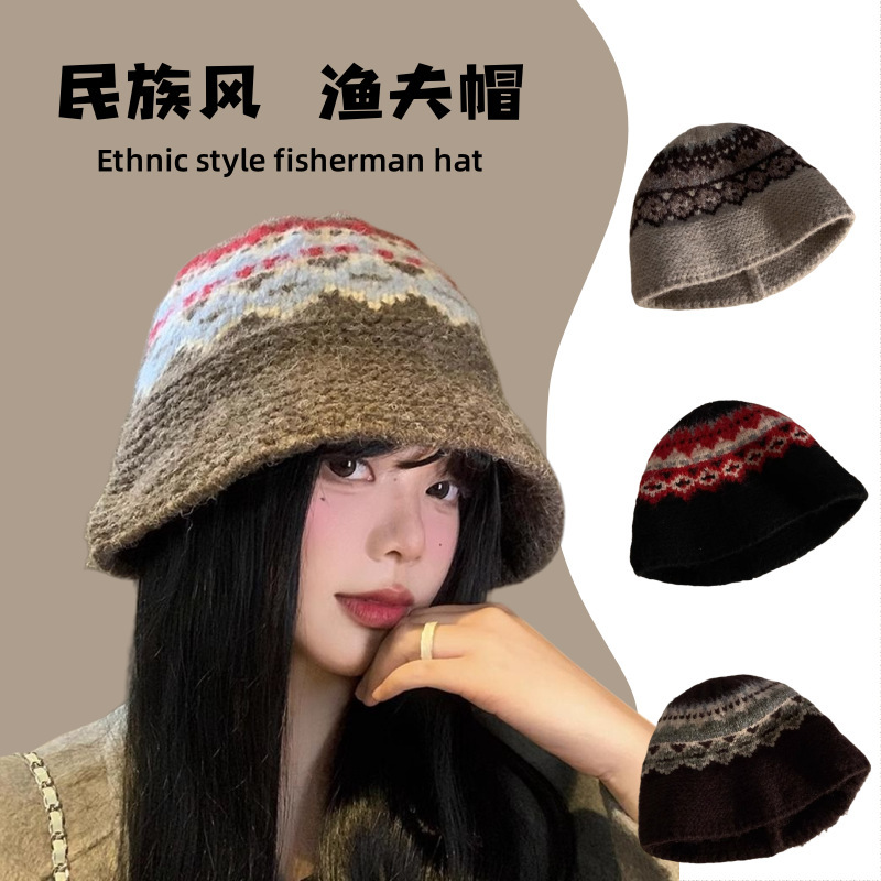 复古提花针织渔夫帽子女秋冬韩系大头围盆帽保暖护耳显脸小毛线帽|undefined