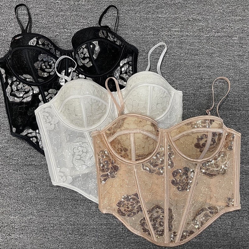 Cross-Border European and American Style Fishbone Corset with Sequins and Floral Embellishments, Sexy Camisole with Back Hook-And-Eye Closure and Underwire Bra Cross-Border European and American Style Fishbone Corset with Sequins and Floral Embellishments, Sexy Camisole with Back Hook-And-Eye Closure and Underwire Bra