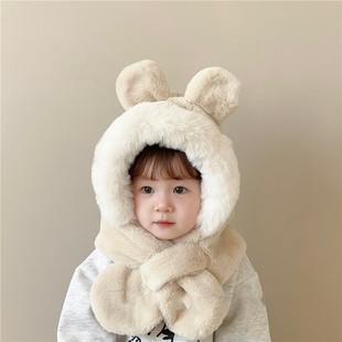 Children's Hat and Scarf Integrated Ear Protection Hat Autumn and Winter fleece-lined Cute Rabbit Warm Neck Warm Neck Warm Hat for Boys and Girls