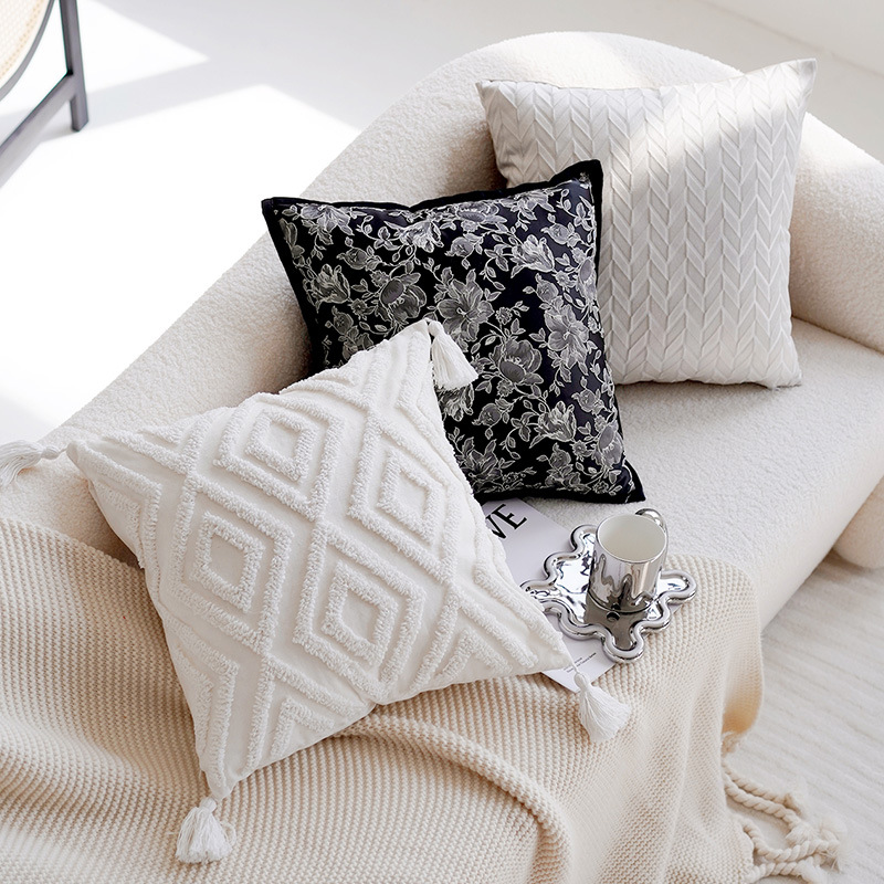 Cojín de estilo francés retro floral funda de almohada moderna simple blanco y negro almohada americana sala de estar sofá cojín estilo Chanel