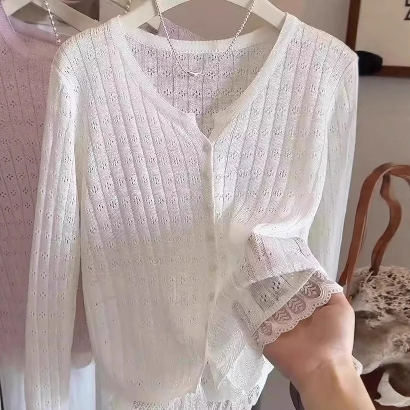 Thin Ice Silk Knitted Cardigan Long-Sleeved 2025 Spring and Summer Black Outer Short Air-Conditioning Shirt Sun Protection Shawl Top for Women