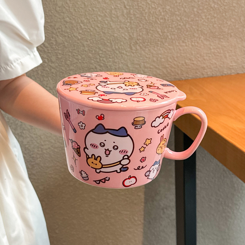 かわいいウサキ小八陶磁器泡麺カップ蓋付き学生寮用食器大容量ナット粉ボウルスープボウル|undefined