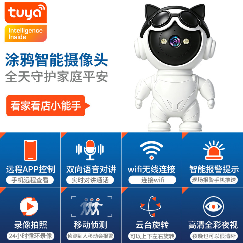 tuya涂鸦wifi网络卡通机器人安防监控手机远程高清夜视5G摄像头