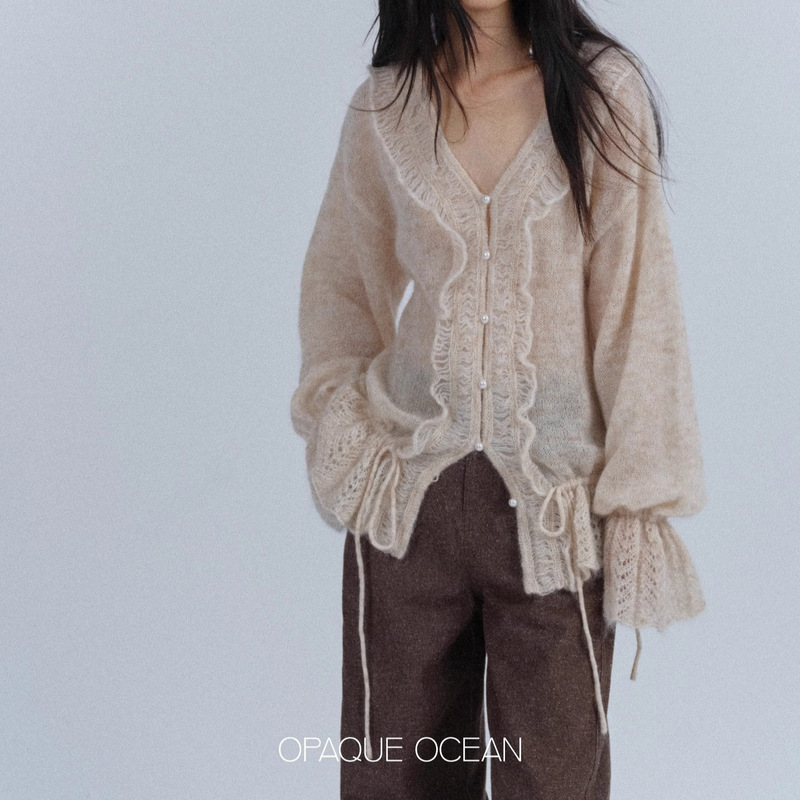 Oversized Mohair Wool Drawstring V Neck Pearl Button Thin Cardigan Sweater