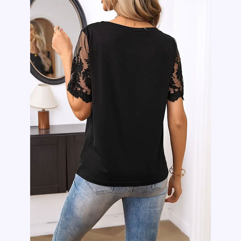 Women Clothing Summer Elegant Knitted Patchwork round Neck T shirt Loose Mesh Patchwork Top 7 Women Clothing Summer Elegant Knitted Patchwork round Neck T shirt Loose Mesh Patchwork Top
