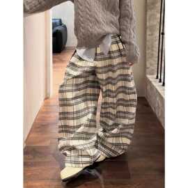 原宿格子褶皱宽松直筒休闲裤子男士春秋季2026新款美式潮牌长裤