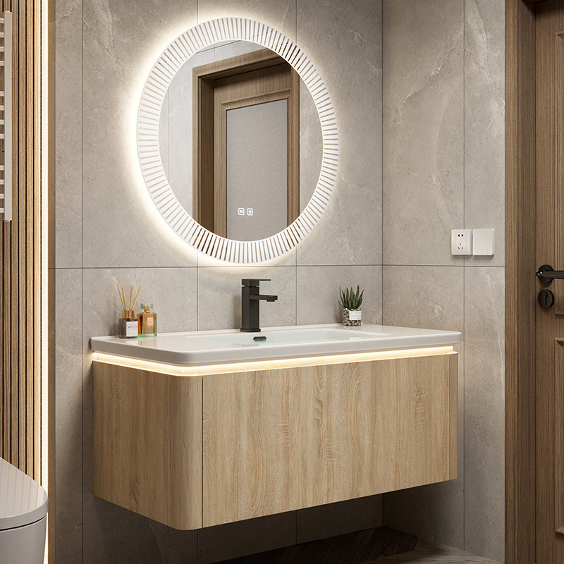 Color de madera cuenca de cerámica integrada esquina redondeada combinación de gabinete de baño lavabo de lavado de manos lavabo de baño piscina