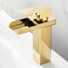 Luxury Cold and Hot Basin Sink Single Hole Faucet Bathroom Cabinet High Gold Waterfall Tap 